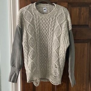 NSF Women's Cable Knit Sweater - Tan/Gray with light green sleeves (Size SM)